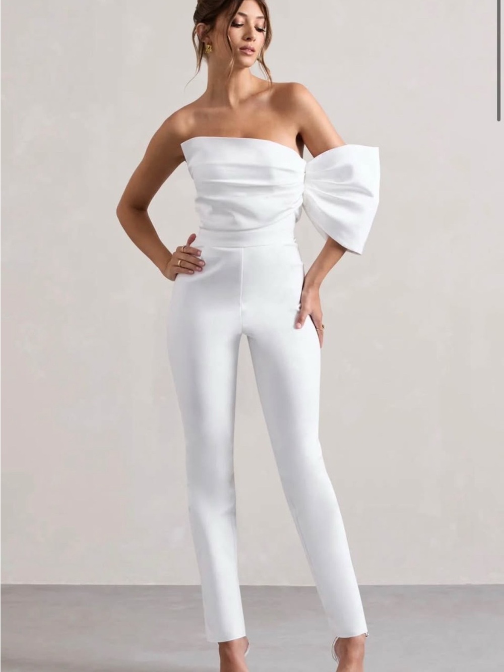 Club L London White One-Shoulder Bow Jumpsuit